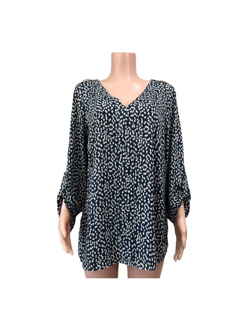 Zac & Rachel Women Tunic Blouse Women SZ 1X Pullover 3/4 Sleeve Dotted Dark Blue